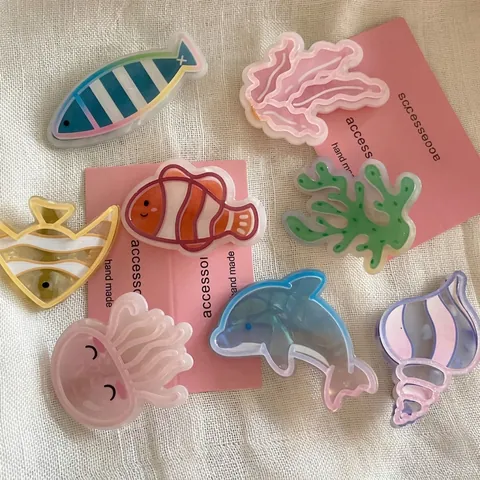 Süße Ozean Serie Acryl Haarspangen Für Frauen Mädchen Delphin Fisch Schnecke Seetext Handmade Süße Mode Pony Seite Clip