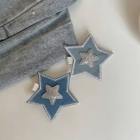 Y2K Denim Stern Haarklammer Mit Kontrastnähten Und Silber Glitzer Pentagramm Süßes Spicy Girl Entenschnabel Haarklammer