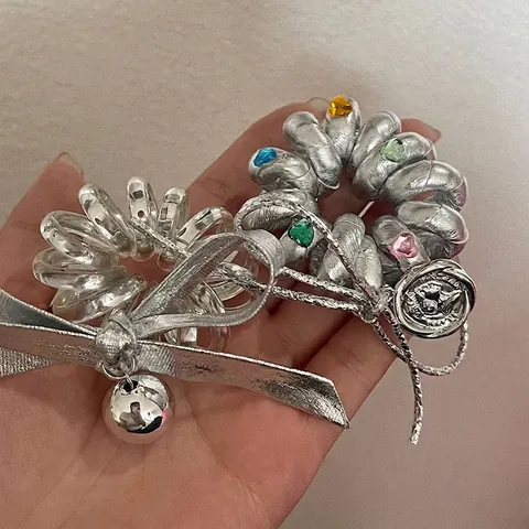 Koreaanse Stijl Zilveren Metallic Spiraal Telefoondraad Haarelastiekjes Met Strik Hart Strass Bedeltjes Mode Paardenstaart Elastische Haarband