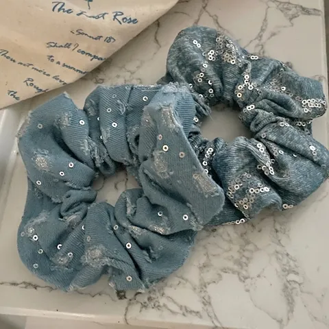 Elastico per Capelli in Denim con Paillette Stile Coreano Fatto a Mano Grande Elastico in Tessuto Blu Fermacapelli Donna