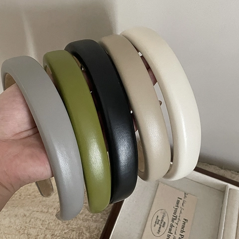 Diadema de Cuero PU Acolchada Vintage Francés para Mujer Diseño de Techo Craneal Alto Banda para el Cabello Color Sólido
