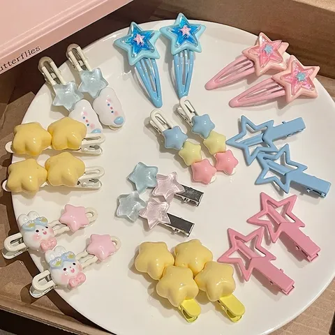 Lindas Pinzas para el Cabello de Estrella y Nube para Mujeres Niñas Color Macaron Acrílico Clips de Pico de Pato Accesorios