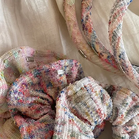 Sweet Colorful Tweed Fabric Scrunchie Hair Band Headband For Women Girls Handmade Fashion Hair Accessories With Silver Metal Tag
