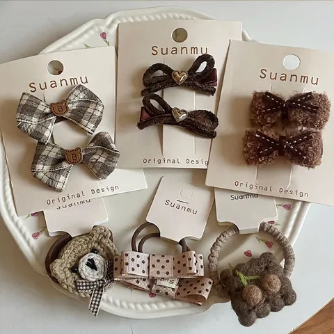 Koreaanse Stijl Kinderen Stof Strik Haarspeldjes Schattige Khaki Koffie Kleur Handgemaakte Beer Kers Haarelastiekjes Voor Meisjes