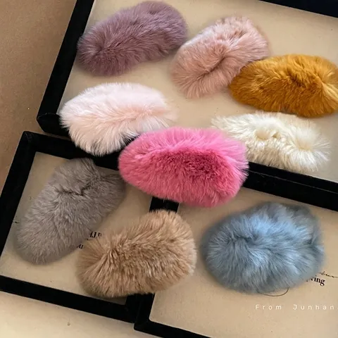 Simpatico Fermaglio per Capelli in Pelliccia di Coniglio Grande Peluche BB Clip Elegante Forcina Laterale Invernale Donna
