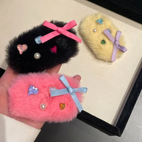 Fermaglio per Capelli in Peluche di Ecopelliccia di Visone Dolce Cuore Strass Perla Artificiale Fiocco Mini Clip BB Accessori per Capelli Donna