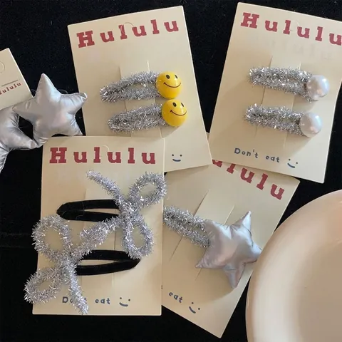 Simpatici Fermagli Per Capelli E Elastici In Tessuto Fatto A Mano Con Stella E Faccina Argento Per Bambine E Ragazze
