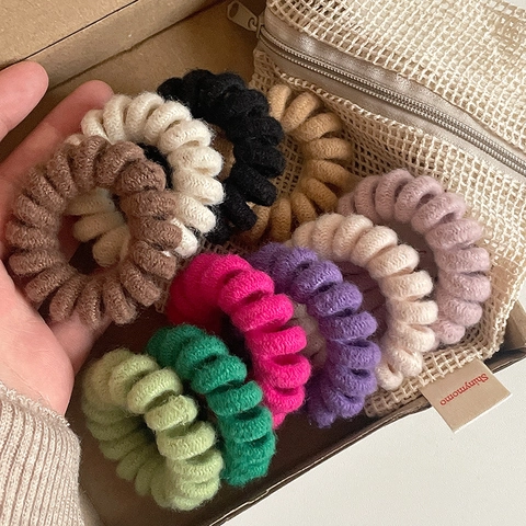 Candy Color Knitted Woolen Yarn Telephone Wire Hair Ties Spiral Elastic Hair Bands Handmade Ponytail Holders For Women