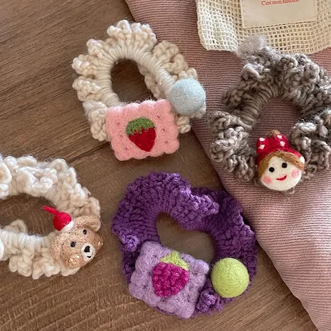 Cute Handmade Knitted Woolen Hair Scrunchie Fruit Animal Doll Pattern Sweet Felt Patch Hair Tie For Women Girls Hair Accessories
