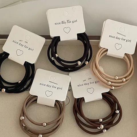 Set di 5 Elastici per Capelli Minimalisti da Donna con Sfera in Metallo Fatti a Mano in Tessuto ad Alta Elasticità per Coda di Cavallo