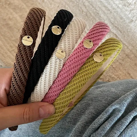 Cerchietto in Lana a Maglia Vintage Con Etichetta in Metallo Fatto a Mano Cerchio per Capelli Largo Spesso Elegante Accessori Donna