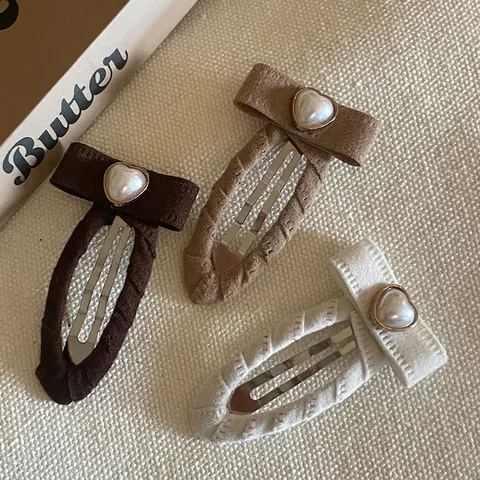 Fermaglio per Capelli Vintage con Fiocco e Perla Artificial per Donna Cuore in Tessuto Clip BB Serie Caffè Maillard Accessori Stile Coreano
