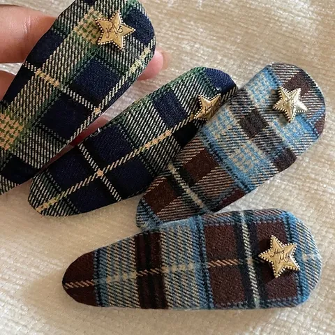 Pinza para el Cabello de Tela a Cuadros Vintage Con Decoración de Estrella Dorada Horquilla BB de Moda para Mujer Accesorios