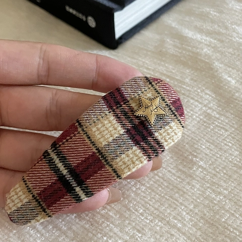 Pinza para el Cabello de Tela a Cuadros Vintage Con Decoración de Estrella Dorada Horquilla BB de Moda para Mujer Accesorios