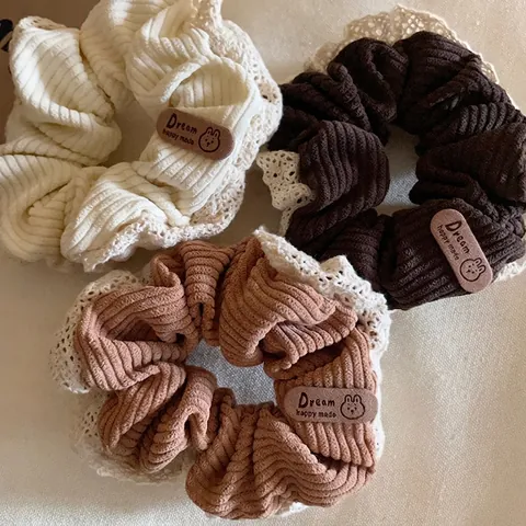 Chouchous en Velours Côtelé Vintage Français Avec Bordure en Dentelle Grands Élastiques à Cheveux Épais