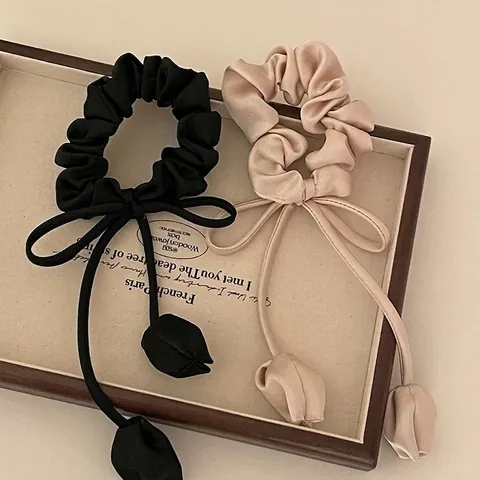Chouchou en Satin Ruban Tulipe Élégant Nœud Pompon Élastique à Cheveux Vintage Floral Corde à Cheveux Accessoires Cheveux Femme