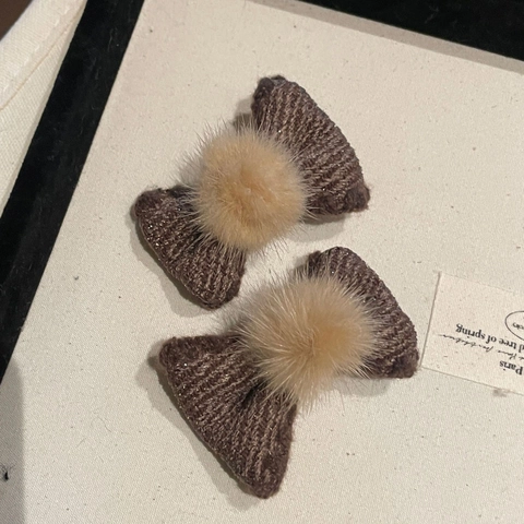 Maillard Marrone Maglia Fiocco Fermaglio Capelli Autunno Inverno Bambina Caffè Pompon Pelliccia Clip Laterale Fiocco Elastico