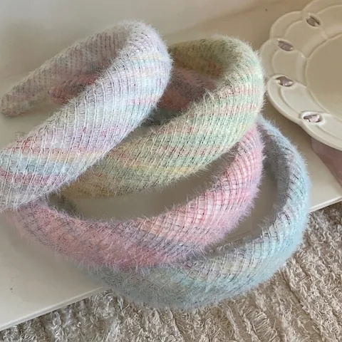 Cerchietto da Donna in Mohair Peluche a Strisce Arcobaleno Fascia in Spugna Spessa per Lavaggio Viso High Cranial Top Accessori Capelli