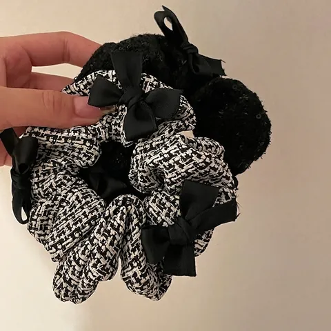 French Ballet Style Tweed Sequin Scrunchie With Satin Bow Elegant Fabric Hair Tie Elastic Hair Rope For Women Hair Accessories