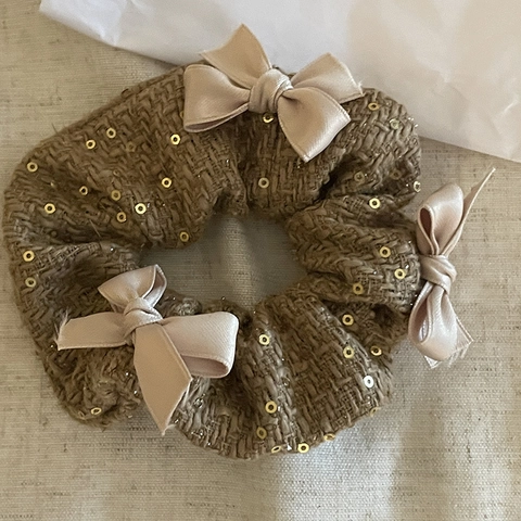 French Ballet Style Tweed Sequin Scrunchie With Satin Bow Elegant Fabric Hair Tie Elastic Hair Rope For Women Hair Accessories