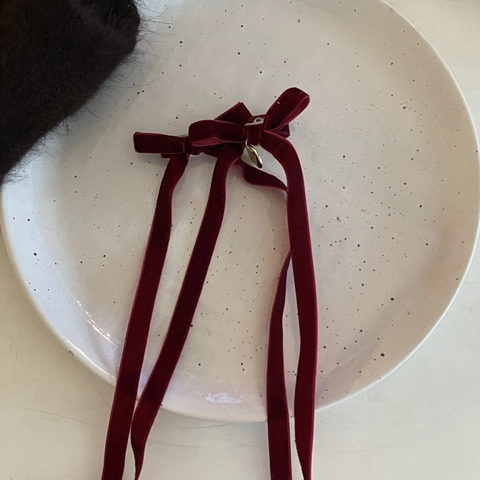 Pinza para el Pelo con Lazo de Terciopelo Vintage con Cintas Largas Burdeos Negro Horquilla Elegante Colgante de Aleación