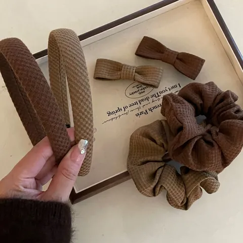 Conjunto de Accesorios para el Cabello de Tela a Cuadros Marrones Lazo Pinza Coletero Diadema Vintage Moda Mujer Decoración