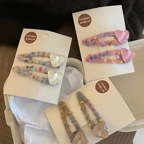 Handmade Heart BB Hair Clip Yarn Wrapped Colorful Dot Pattern Resin Heart Side Fringe Clip Sweet Hair Accessories For Women