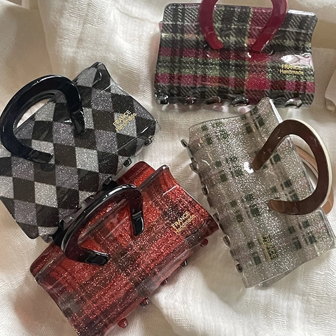 Acetat Handtasche Form Haarklammer Französisch Handgefertigt Marmor Karo Gestreift Haifisch-Clip Für Damen Eleganter Haarschmuck