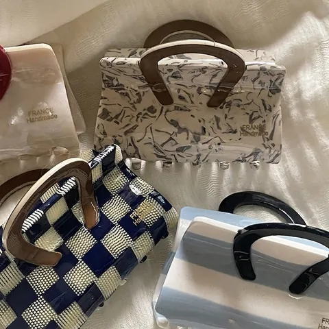 Acetat Handtasche Form Haarklammer Französisch Handgefertigt Marmor Karo Gestreift Haifisch-Clip Für Damen Eleganter Haarschmuck