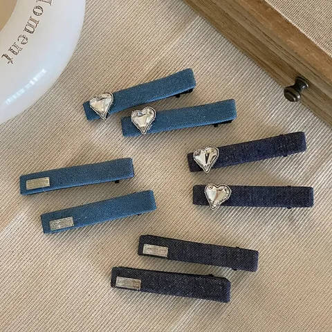 Vintage Denim Fabric Hair Clip With Rhinestone Heart Bear Pattern Retro Korean Style BB Clip Hair Accessories For Women