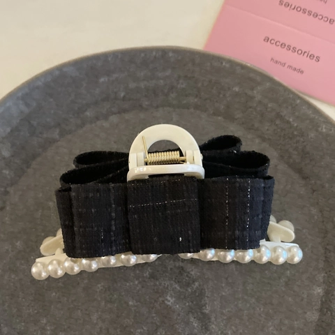Elegante Fermaglio per Capelli con Fiocco in Tweed Nero Stile Hepburn Cerchietto con Künstliche Perle Sintetiche per Donna Accessori per Capelli Francesi Vintage Festa