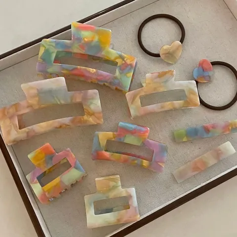 Retro French Acetate Marbled Hair Claw Clip For Women Oil Painting Texture Macaron Multi Color Geometric Hair Clip Jewelry