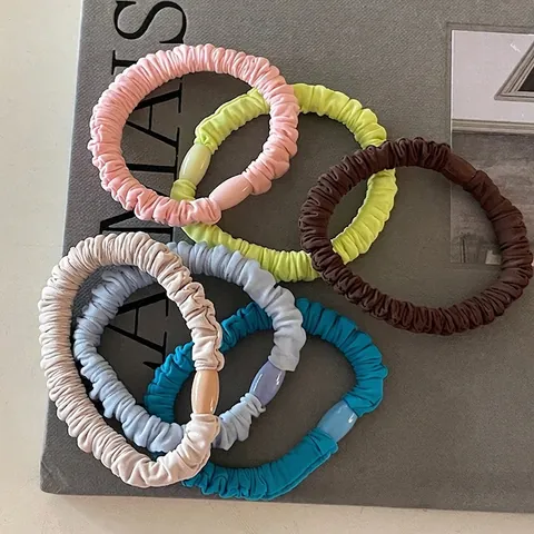 Coleteros de Tela Plisada de Color Sólido Gomas Elásticas para el Cabello Con Cuenta Decorativa para Coleta para Mujeres Niñas Accesorios para el Cabello