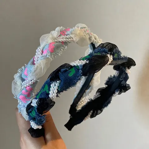 Cerchietto in Denim Retrò Francese Con Perle Artificiali Dolce Fascia per Capelli da Donna Accessori per Capelli alla Moda Quotidiani