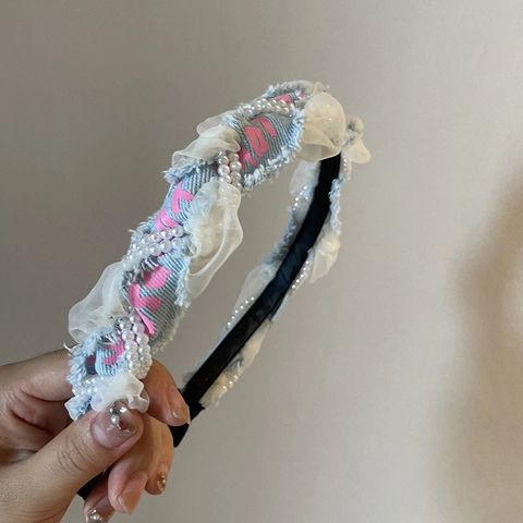 Cerchietto in Denim Retrò Francese Con Perle Artificiali Dolce Fascia per Capelli da Donna Accessori per Capelli alla Moda Quotidiani