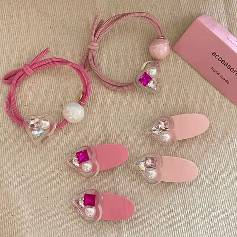 Sweet Pink Heart Hair Clip And Elastic Hair Tie Rhinestone Artificial Pearl Decorative Headwear Fashion Accessory For Women Girls