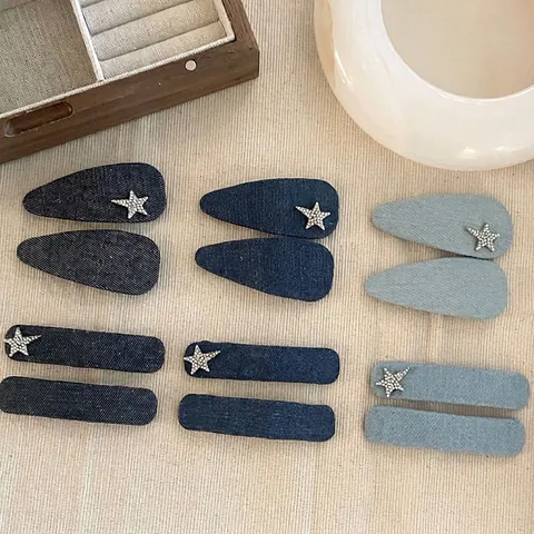 Vintage Denim Fabric Star BB Hair Clips For Women Rhinestone Star Hairpins Daily Use Stylish Fashion Hair Accessories
