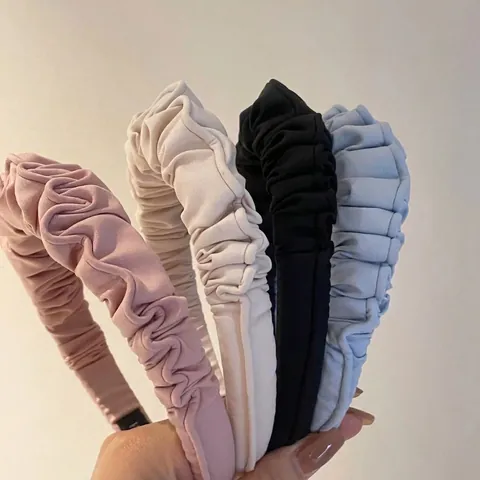Korean Style Pleated Satin Headband For Women Elegant Sweet Thickened Solid Color Hair Hoop Handmade Hair Accessories