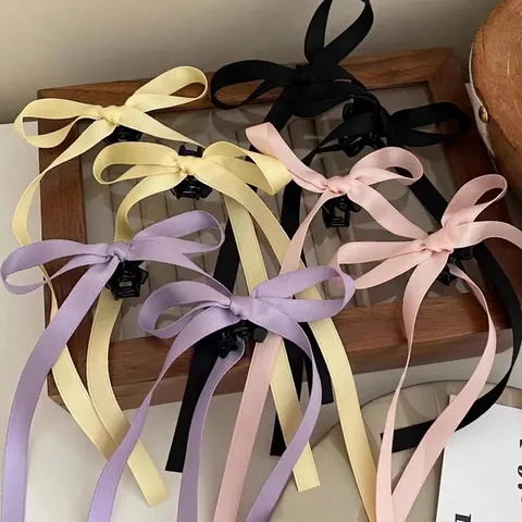 Balletcore Satin Ribbon Bow Hair Claw Clip For Women Vintage Long Streamers Bowknot Hair Styling Accessories Daily Party Hair Clip