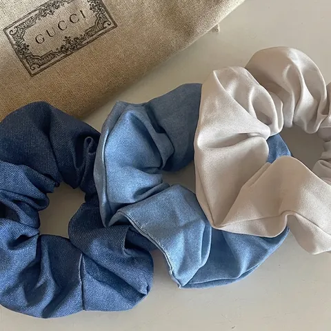 French Vintage Denim Fabric Scrunchies Large Pleated Hair Ties Solid Color Elastic Hair Bands For Women Daily Hair Accessories
