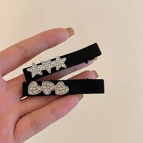 Elegante Ster Hart Strass Haarclips Voor Vrouwen Zwart Satijn Stof Eendenbek Zijclips Kleine Franse Styling Haaraccessoires