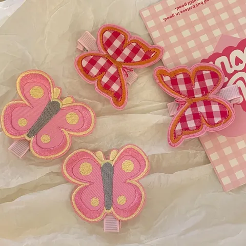 Sweet Embroidered Butterfly Hair Clip For Girls Cute Fabric Duckbill Clip Plaid Polka Dot Pink Hair Accessories For Women Kids