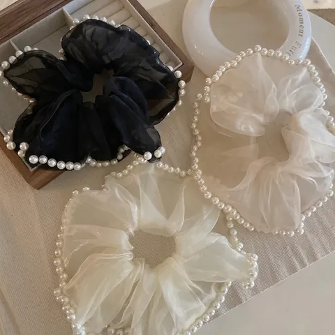 Scrunchie in Rete con Perle Artificiali in Stile Francese Elegante Elastico per Capelli in Organza per Donna Accessori per Capelli