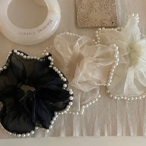 Scrunchie in Rete con Perle Artificiali in Stile Francese Elegante Elastico per Capelli in Organza per Donna Accessori per Capelli