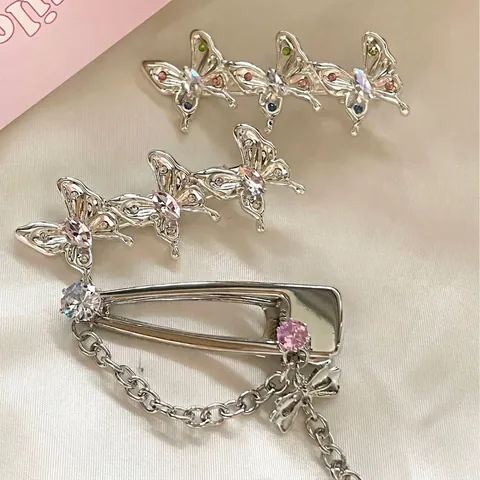 Vlinder Strass Haarclip Luxe Metalen Eendenbek Clip Elegante Ketting Franje Haarpeld Mode Zoete Zijclip Voor Vrouwen