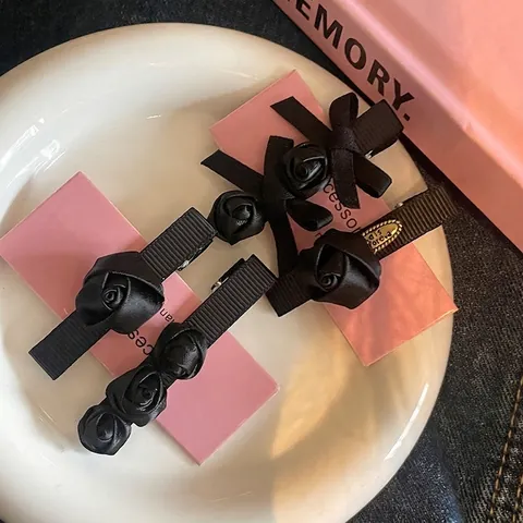 Vintage Black Satin Rose Bow Hair Clip Handmade Fabric Flower Alligator Side Clip French Style Elegant Hair Accessory Women