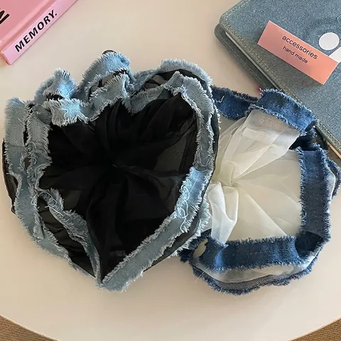 Fashion Korean Women Denim Mesh Scrunchie Contrast Color Frayed Edges Elastic Hair Tie Patchwork Ponytail Holder Hair Accessories
