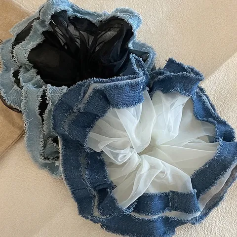 Fashion Korean Women Denim Mesh Scrunchie Contrast Color Frayed Edges Elastic Hair Tie Patchwork Ponytail Holder Hair Accessories