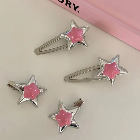 Y2K Dopamin-Stil Silber Metall Stern Schnabelspange Für Damen Rosa Stern Haarspange Trendiges Haar-Accessoire Kopfschmuck