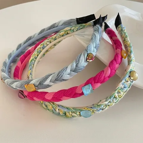 Serre-tête Tressé Fait Main en Laine Pierres Géométriques Design de Base Haute pour Femmes Accessoire de Cheveux Mode Quotidienne